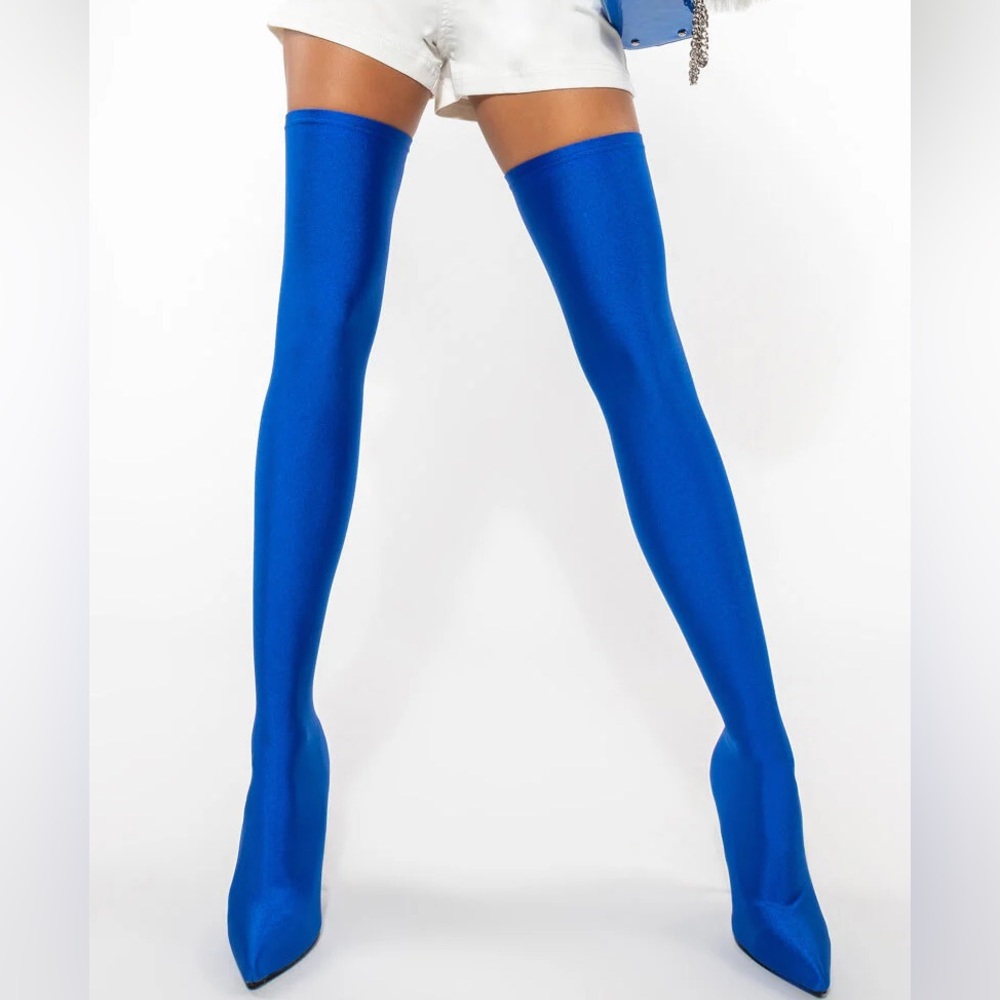 AZALEA WANG Blue Stretch Thigh High Stiletto Boot